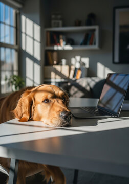 Cachorro deitado na mesa ao lado de notebook em ambiente dom&eacute;stico iluminado pelo sol