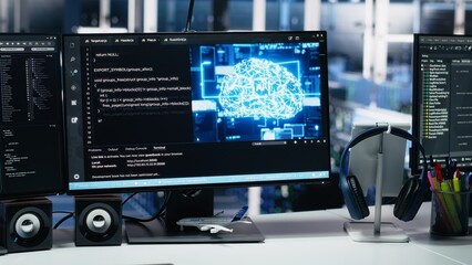 Data center computers showing neural network visualization and code debugging tools running. PC systems in server room powering machine learning and automated research tasks