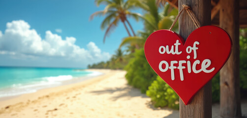 Red heart sign with text out of office hangs on wooden post. Tropical beach backdrop with ocean waves and palm trees. Peaceful vacation concept.