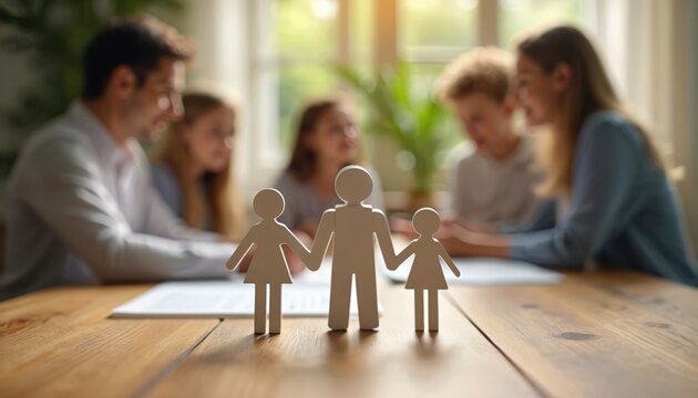 Family discusses future at table with attorney. Figures represent parents and child, planning wealth and inheritance. Documents on table signify legal agreements and care for offspring.