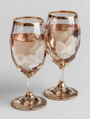 Two faceted champagne goblets illuminated by soft reflections and delicate metallic elegance