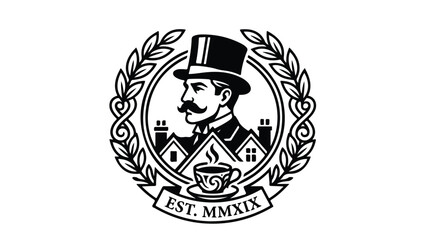 Elegant Gentleman with Top Hat and Moustache in Laurel Wreath Logo.