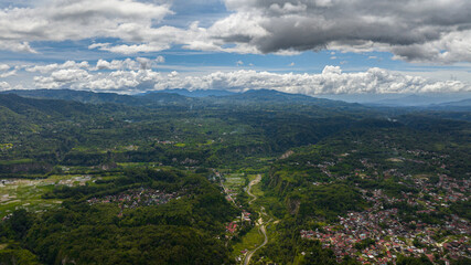 Aerial drone of canyon and valley with rainforest and Mount Singgalang. Ngarai Sianok. Bukittinggi,...