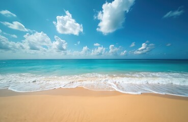 Fototapeta premium Photo of tropical beach scene. Turquoise water meets golden sand. White foamy waves roll towards shore under blue sky with fluffy clouds. Calm seascape for vacation relax.