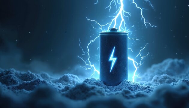 Blue energy battery with lightning bolt symbol. Sodium ion power storage in stormy atmosphere. Future eco friendly electricity generation concept.