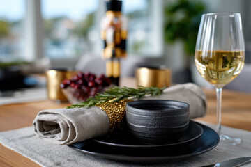 An artistic table display showcasing a black bowl, wine glass, pinecones, and natural elements, creating a harmonious blend of textures and colors for a cozy atmosphere.