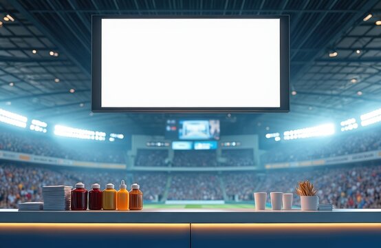 Blank screen menu board above stadium food counter with condiments and cups. Crowd watches game blurred in background. Mockup for advertising, promotion or info display.
