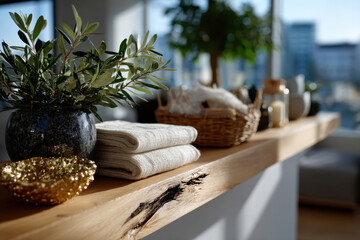 An aesthetic wooden shelf adorned with various decorative items, including plants and textiles, creating a stylish and organized living space vibe filled with natural light.