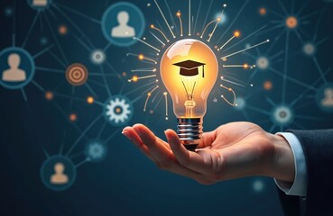 Man holds glowing lightbulb with graduation cap. Idea symbolizes education, knowledge, and achievement. Network graphic behind implies connection and learning.