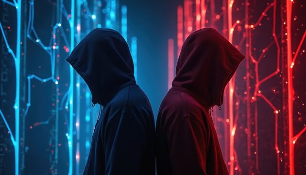 Illustration of two hooded figures standing back to back representing cyber warfare or a hacker battle. Blue and red tech lines glow in dark space. Tech concept for digital security.