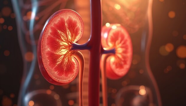 Detailed illustration of human kidneys with visible renal arteries and veins. Internal structure of organ shows intricate vascular network, implying blood flow and filtration system for body health.