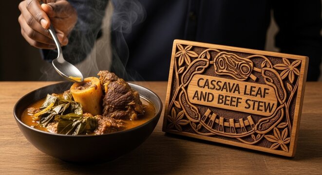 Cassava Leaf and Beef Shank Stew in Bowl &ndash; Hand-Carved Iroko Wood Plaque with Cassava Vine & Beef Rib Motifs
