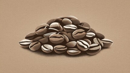 Stylized illustration of a pile of aromatic roasted coffee beans on a warm brown background