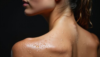 Woman shoulder and neck with water drops after shower. Smooth skin texture glistens with moisture. Bodycare and hygiene concept. Wet body part detail.