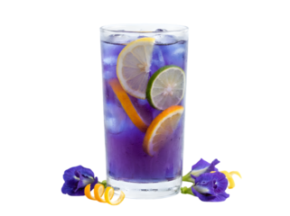 Refreshing Summer Beverage: A Colorful Glass of Purple Drink with Citrus and Flowers for a Perfect Relaxation Moment