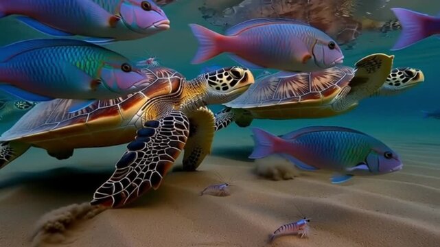 sea turtles, colorful parrotfish, and tiny cleaner shrimp sharing a shallow lagoon,