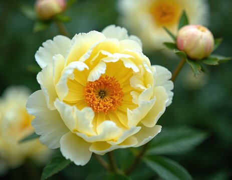 Pale yellow peony flower, Lemon Chiffon cultivar, unfolds delicate ruffled petals around bright golden stamens. Fresh bloom in summer garden, soft focus background.