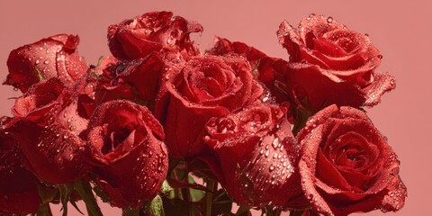 Red roses with water droplets create a romantic and elegant bouquet for romance and beauty