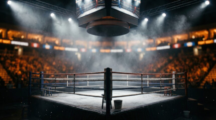 Fans gather in an arena to watch an exciting boxing match. The ring is set with ropes and is ready for the fighters to enter. Lights shine down as the event prepares to begin.