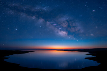 Tranquil Night Lake with Milky Way Reflection: Deep Blue Sky Transitioning to Orange-Pink Horizon, Featuring Symmetrical Stars and Jagged Shoreline.