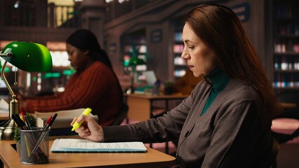 Aged woman studying in a campus library with highlighter pen on materials, immersed in self study surrounded by academic books. Female learner in higher education environments.