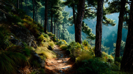 Peaceful mountain path winding through pine forest under sunlight 