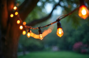 Outdoor string lights hang on tree branches at dusk creating warm ambiance. Lights provide illumination for garden party or romantic evening gathering. Soft glowing bulbs create cozy atmosphere.