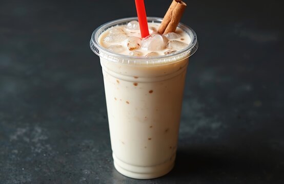 Creamy horchata drink with ice and cinnamon stick garnish served in plastic cup. Refreshing beverage quenches thirst with sweet milky flavor.