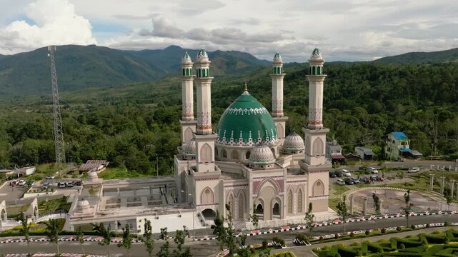 Aerial view of beautiful mosque in Sumatra. Masjid Agung Syahrun Nur Tapanuli Selatan. Indonesia.