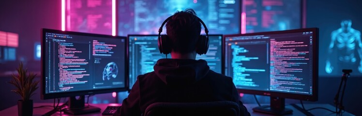 Coder works on multiple computers in dark room. Screens show code and data streams. Neon lights cast pink and blue glow. Hacker examines system vulnerability and security risks. AI tools aid analysis.