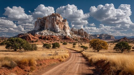 Scenic dirt road winding through a vast arid landscape towards majestic rock formations under a dynamic cloudy sky with scattered trees.