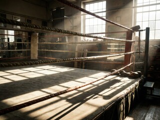 Sunlight streams through the windows casting diagonal shadows across the boxing ring. Dust particles float in the light revealing the room's atmosphere. The ropes and mat show signs of use.