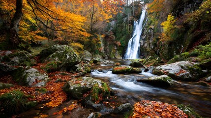 Vibrant autumn foliage frames a cascading waterfall flowing over mossy rocks in a lush forest setting.