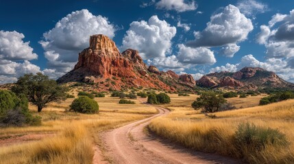 Winding dirt road through a vibrant arid desert landscape with majestic red rock mountains and dramatic white clouds on a sunny day