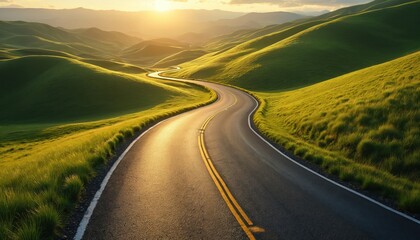 Scenic winding asphalt road through rolling green hills under a golden sunset sky. Open countryside path leads toward distant mountains. Journey concept, travel, destination.