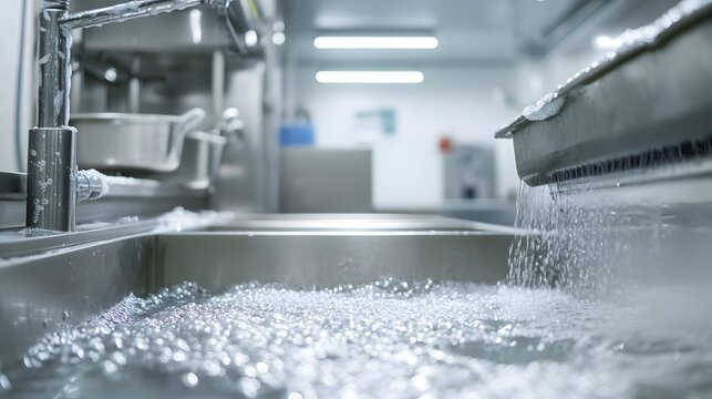 A close-up view of a modern kitchen sink with water flowing, illustrating cleanliness and functionality in a professional culinary environment.