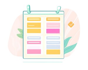 A colorful checklist or planner illustration featuring various sections marked in yellow, pink, and blue. Ideal for digital or print media, perfect for organizing tasks.