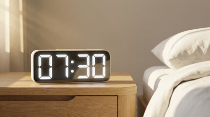 digital alarm clock displaying 7:30 am on wooden nightstand in sunlit bedroom