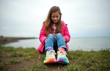 Obraz premium Young girl wears rainbow shoes sitting by sea. Child enjoys nature calm cloudy day. Youthful female wears bright pink jacket blue jeans. She looks down happy peaceful.