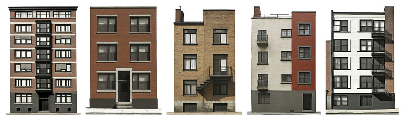 Fototapeta premium PNG Urban residential building facades, element set on transparent background