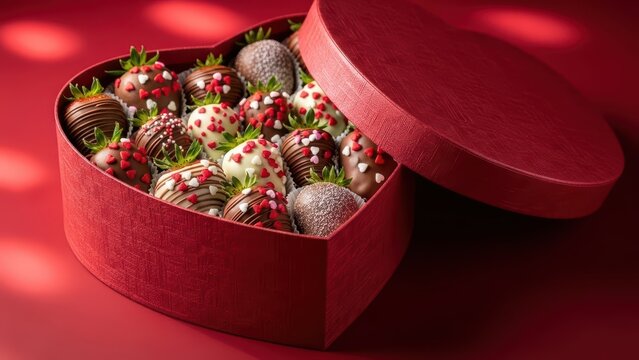 Assorted chocolate-covered strawberries in heart-shaped box on red background - Powered by Adobe