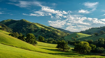 Obraz premium Rolling verdant hills undulate beneath a bright blue sky dotted with white clouds