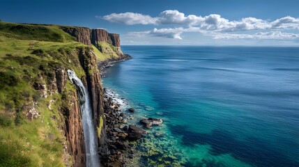 Tall cascade plunges from grassy cliffs into vibrant blue ocean waters under sunny skies