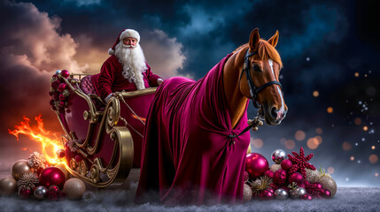 A santa claus riding in a sleigh with a horse and a horse drawn carriage