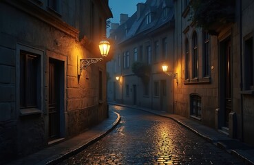 Fototapeta premium Cobblestone street illuminated with old lamps in night. Empty street leads into distance past aged buildings. Scenic view european architecture with stone walls. Perfect cityscape for tourist
