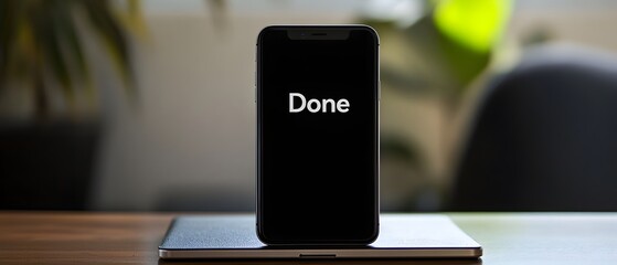 A sleek smartphone displays a simple 'Done' message on its screen, symbolizing completion and accomplishment in a modern digital workspace. Ideal for tech-related content.