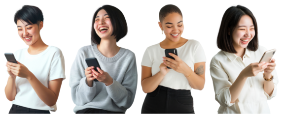 PNG Diverse women enjoying smartphones, element set on transparent background