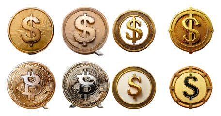 Various Metallic Coins Featuring Dollar and Bitcoin Symbols, isolated on transparent background