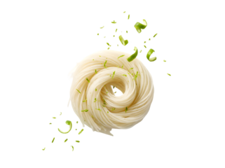 Delicately Swirled Noodles with Green Garnish Surrounded by Sprouts and Pasta Accents