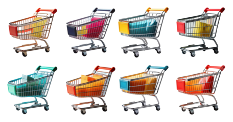 Colorful Shopping Carts in Various Angles and Perspectives, PNG bundle collection, Isolated on Transparent Background